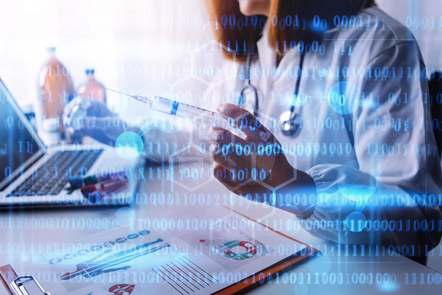 Double exposure of healthcare And Medicine concept. Doctor and modern virtual screen interface. photo