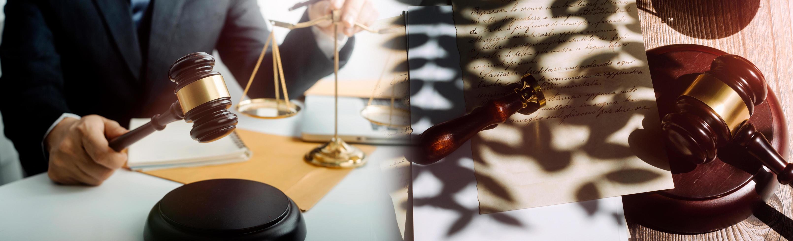 Business and lawyers discussing contract papers with brass scale on desk in office. Law, legal services, advice, justice and law concept picture with film grain effect photo