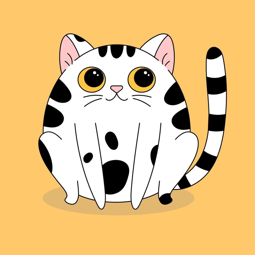 Cute cartoon isolated vector cat. Funny white round kitten with black spots