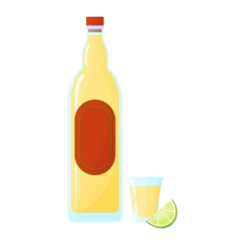 Tequila bottle and shot with lime. Cartoon vector illustration