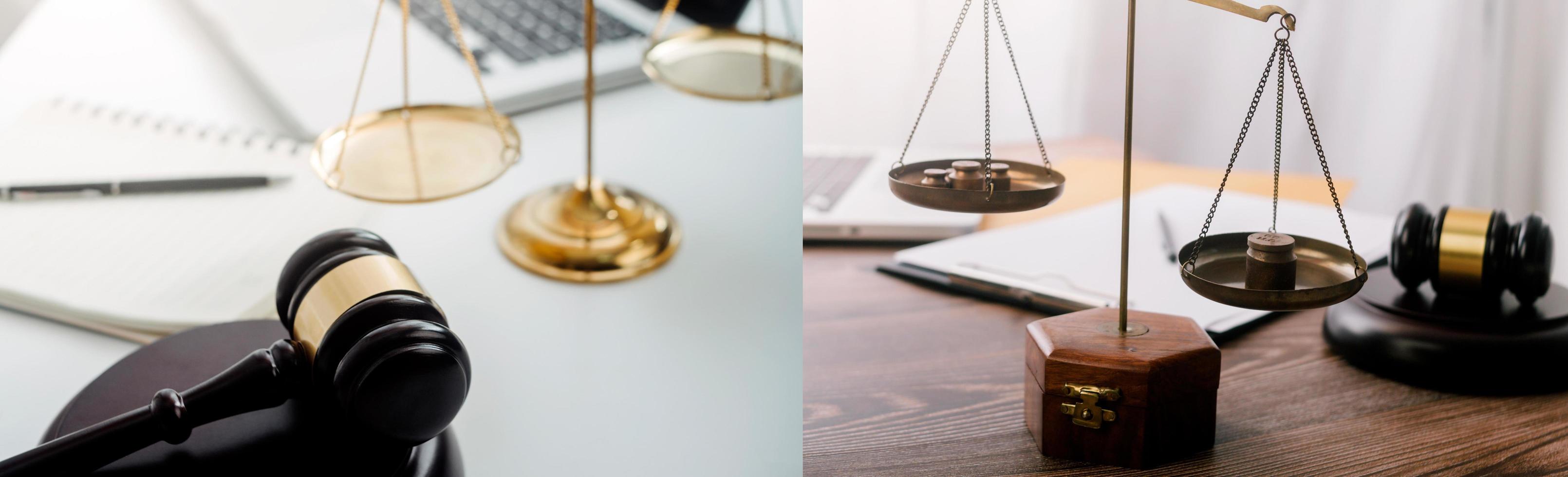Business and lawyers discussing contract papers with brass scale on desk in office. Law, legal services, advice, justice and law concept picture with film grain effect photo