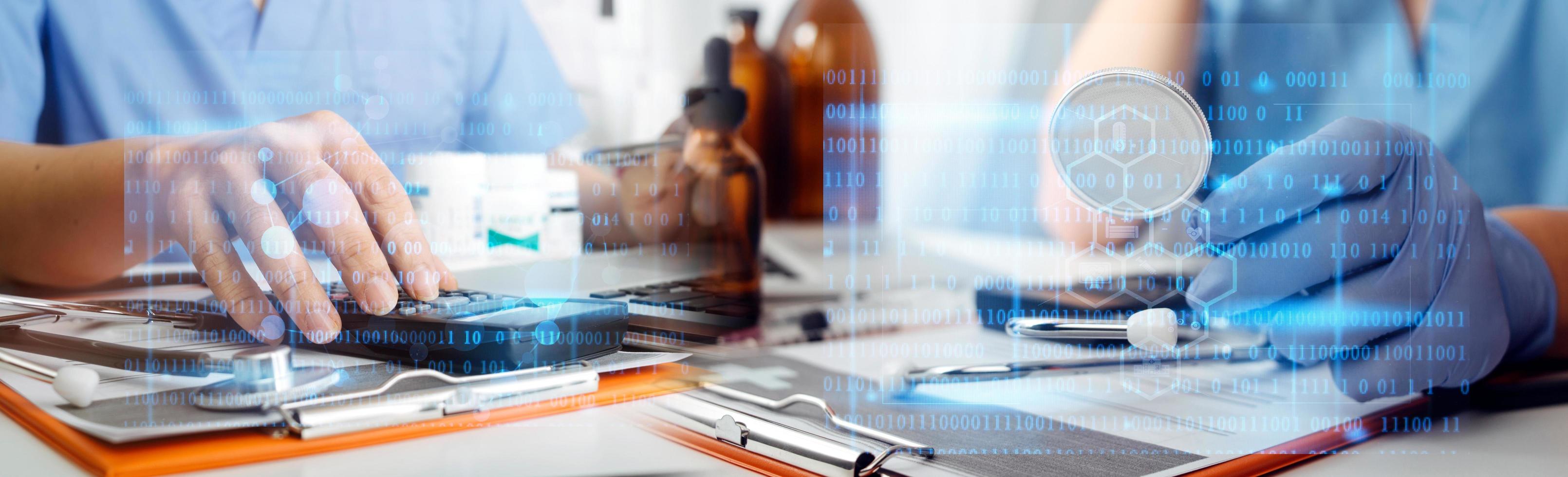 Double exposure of technology healthcare And Medicine concept. Doctors using digital tablet and modern virtual screen interface icons panoramic banner, blurred background. photo