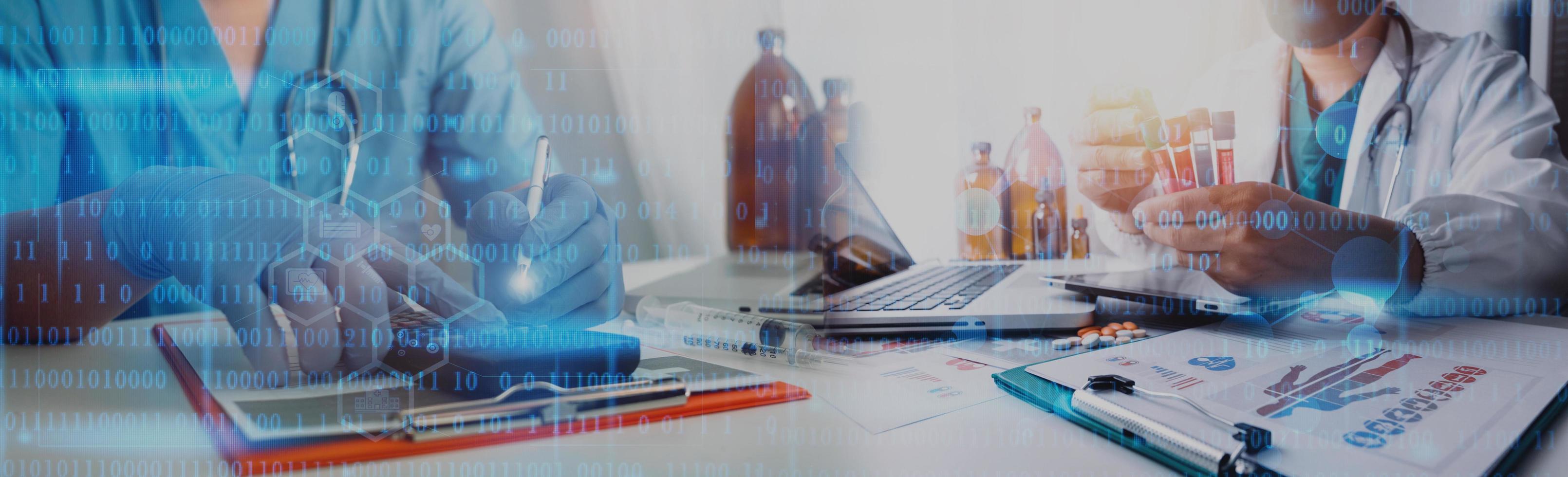 Double exposure of healthcare And Medicine concept. Doctor and modern virtual screen interface, blurred background. photo