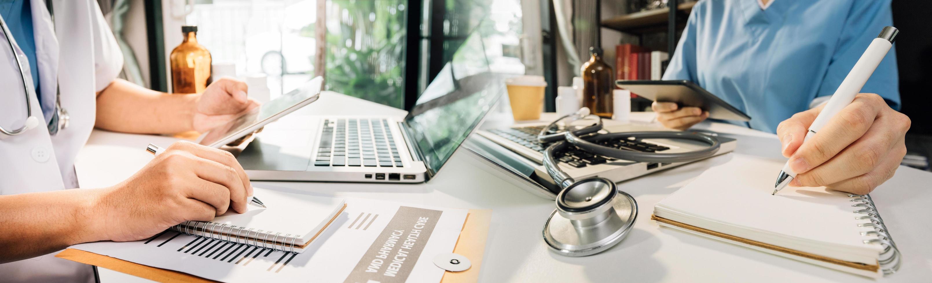 Double exposure of technology healthcare And Medicine concept. Doctors using digital tablet and modern virtual screen interface icons panoramic banner, blurred background. photo