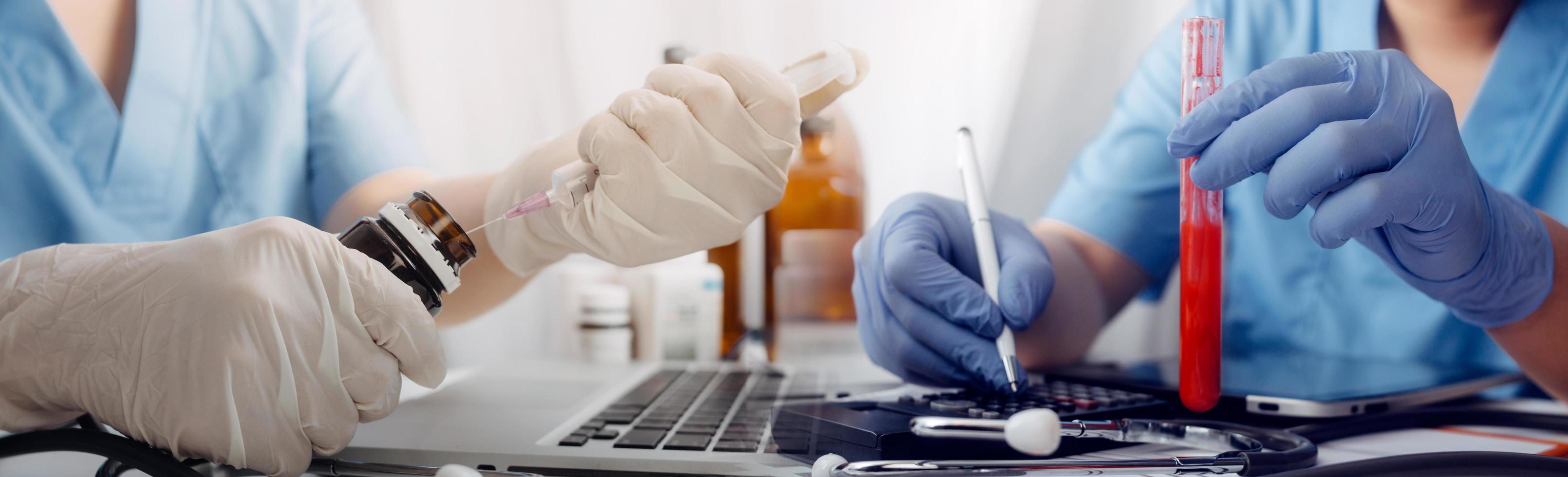 Double exposure of technology healthcare And Medicine concept. Doctors using digital tablet and modern virtual screen interface icons panoramic banner, blurred background. photo