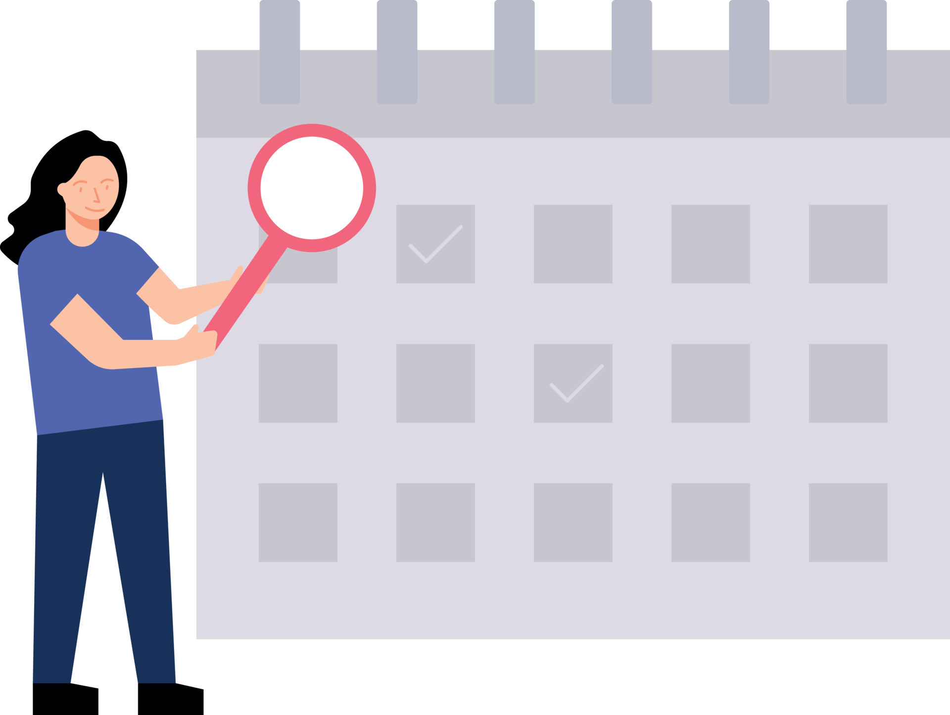 Girl looking on calendar with magnifier. 11956060 Vector Art at Vecteezy