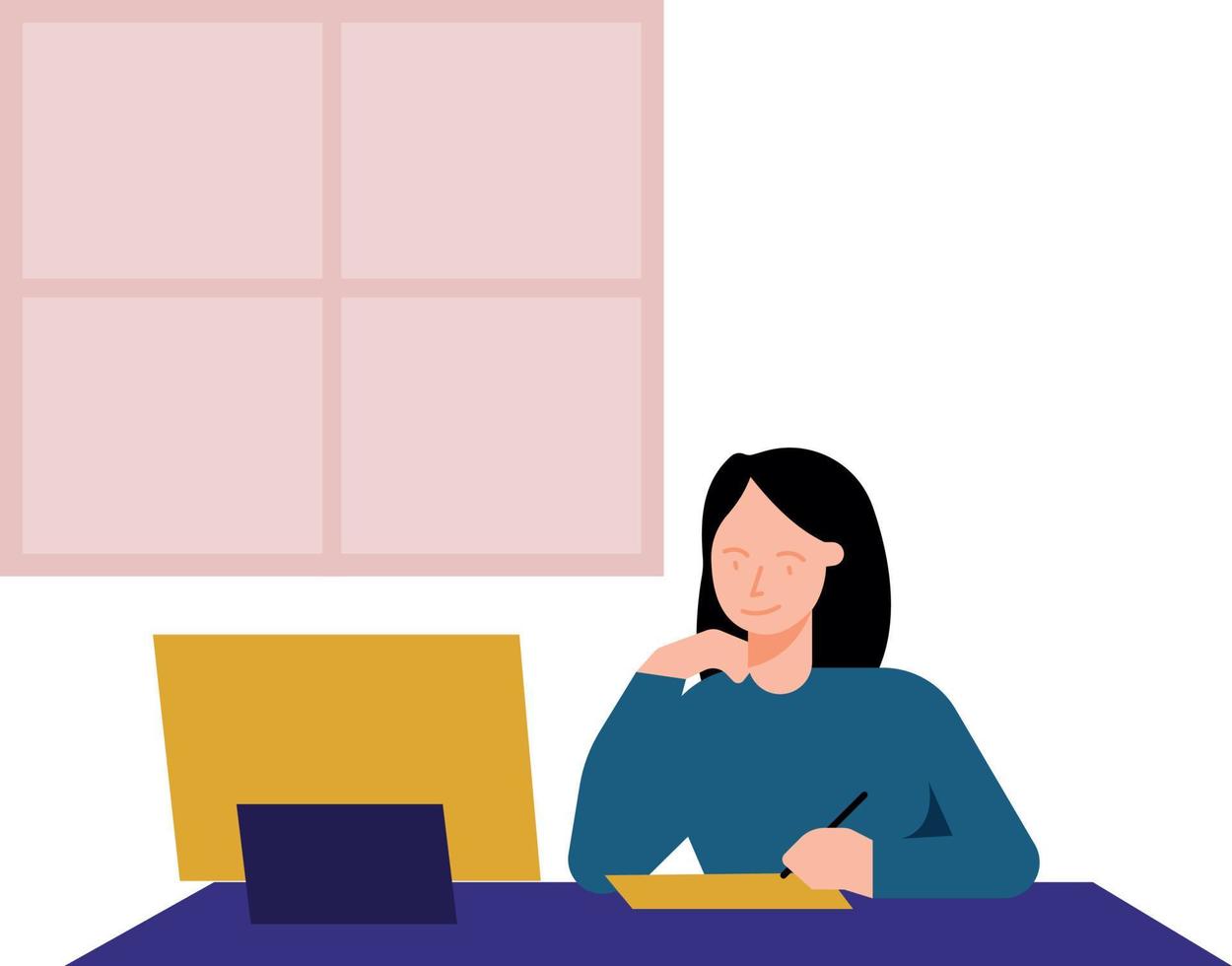 The girl is writing on the notebook. vector