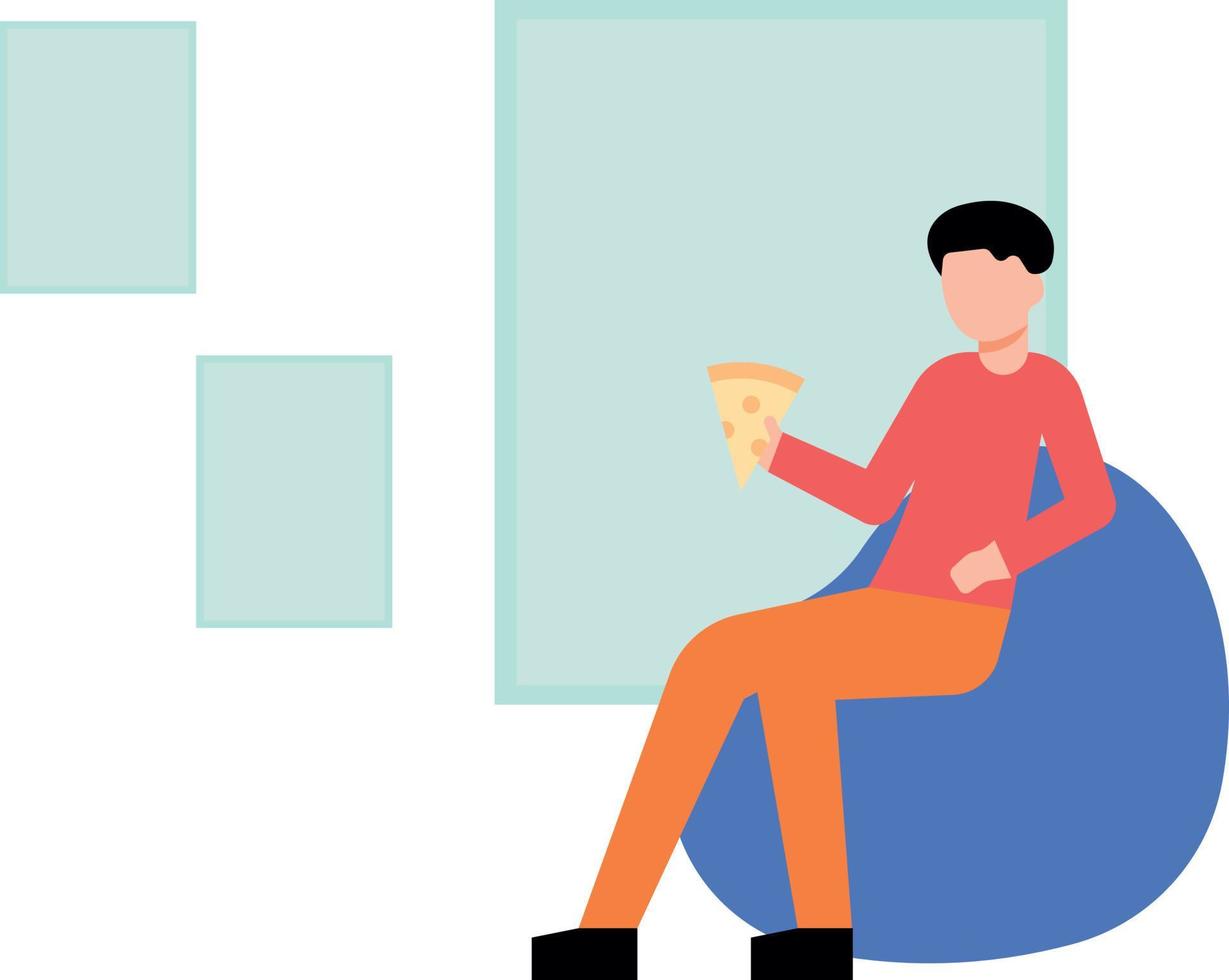 The boy is sitting on the couch holding a slice of pizza. vector