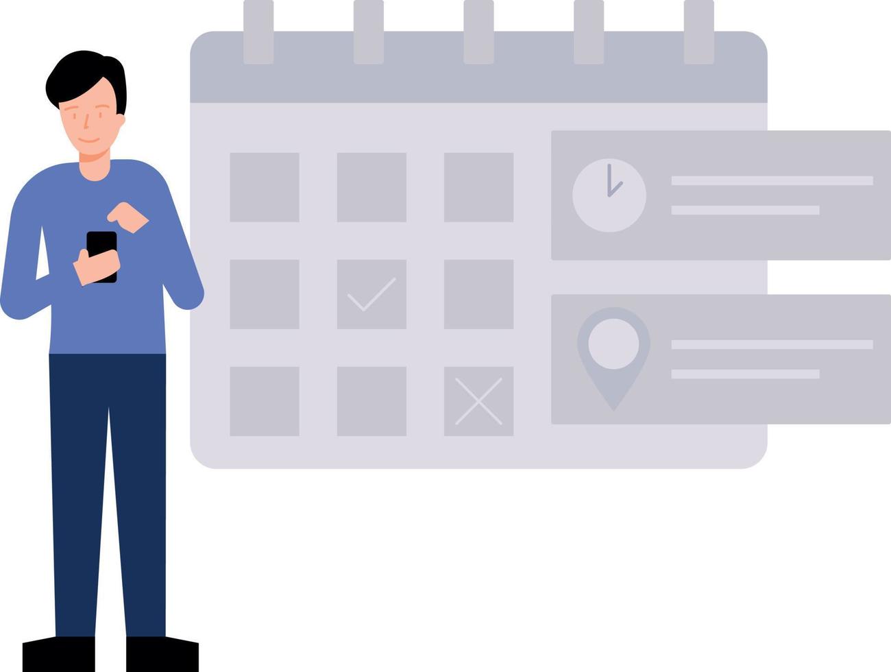 The boy is looking at the calendar schedule. vector