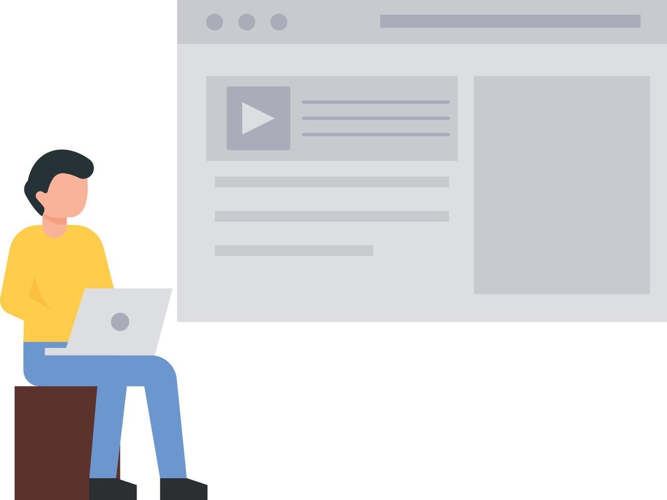 Boy working on web page on his laptop. vector