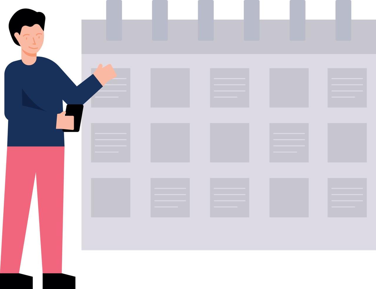 The boy is looking at the notes on the calendar. vector