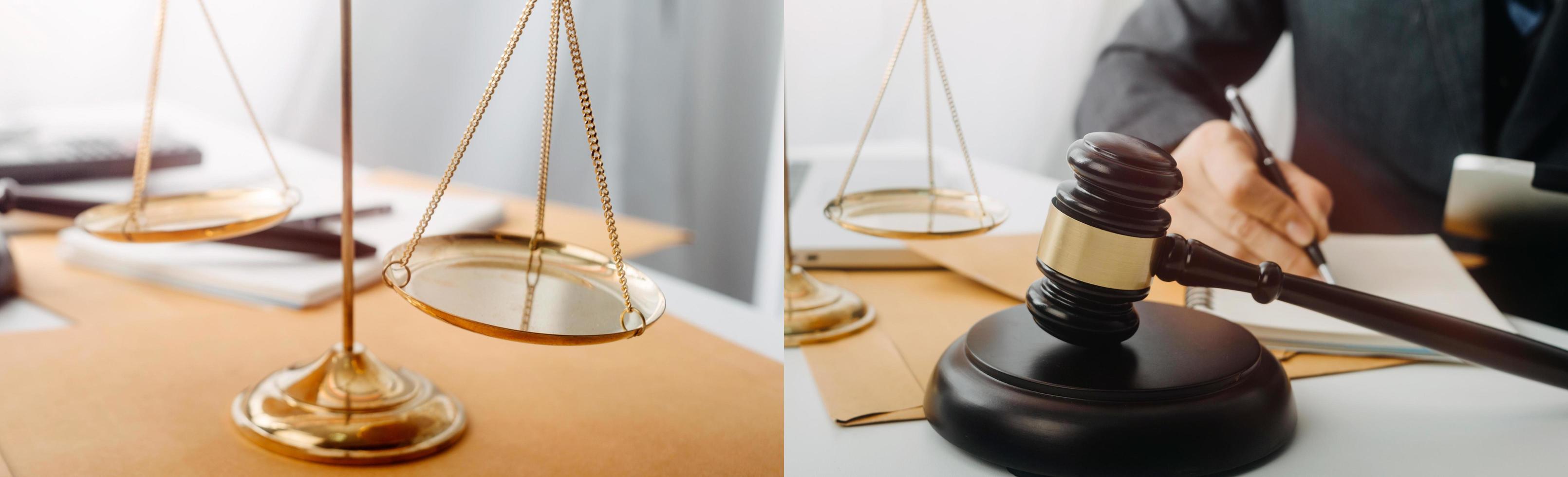 Business and lawyers discussing contract papers with brass scale on desk in office. Law, legal services, advice, justice and law concept picture with film grain effect photo