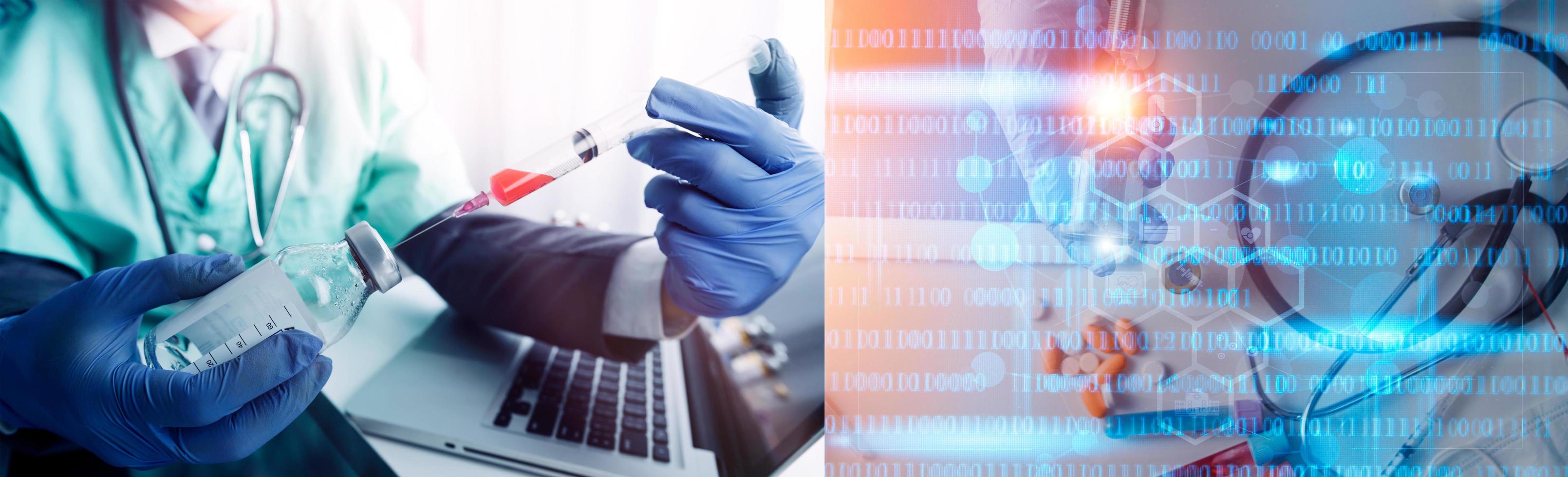 Double exposure of healthcare And Medicine concept. Doctor and modern virtual screen interface. photo