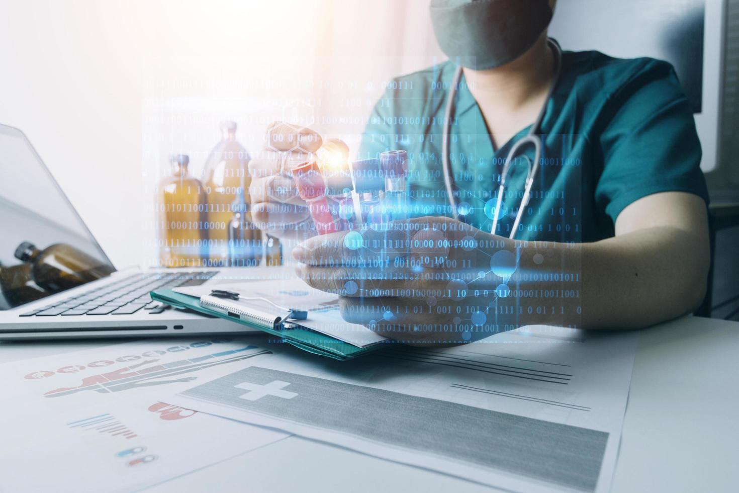 Double exposure of healthcare And Medicine concept. Doctor and modern virtual screen interface. photo