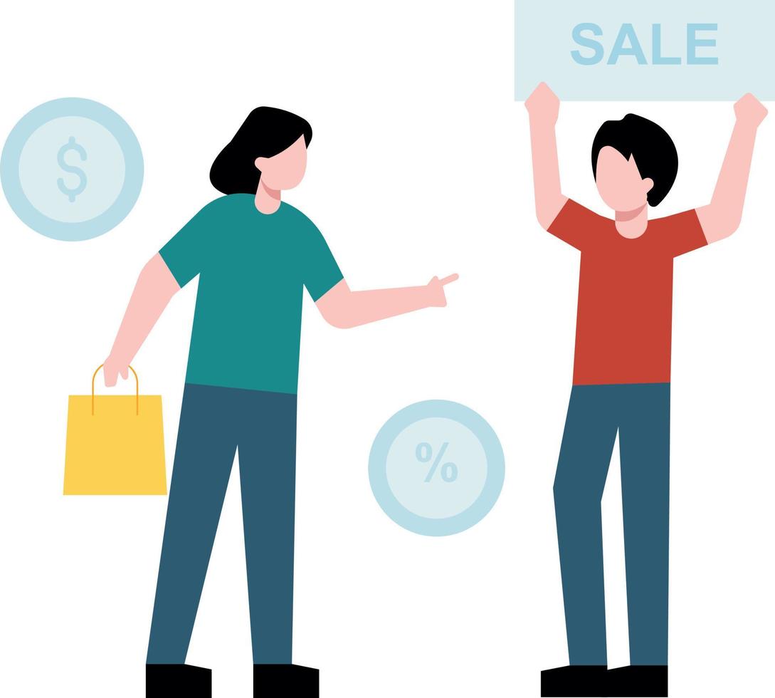A boy stands holding a sale board. vector