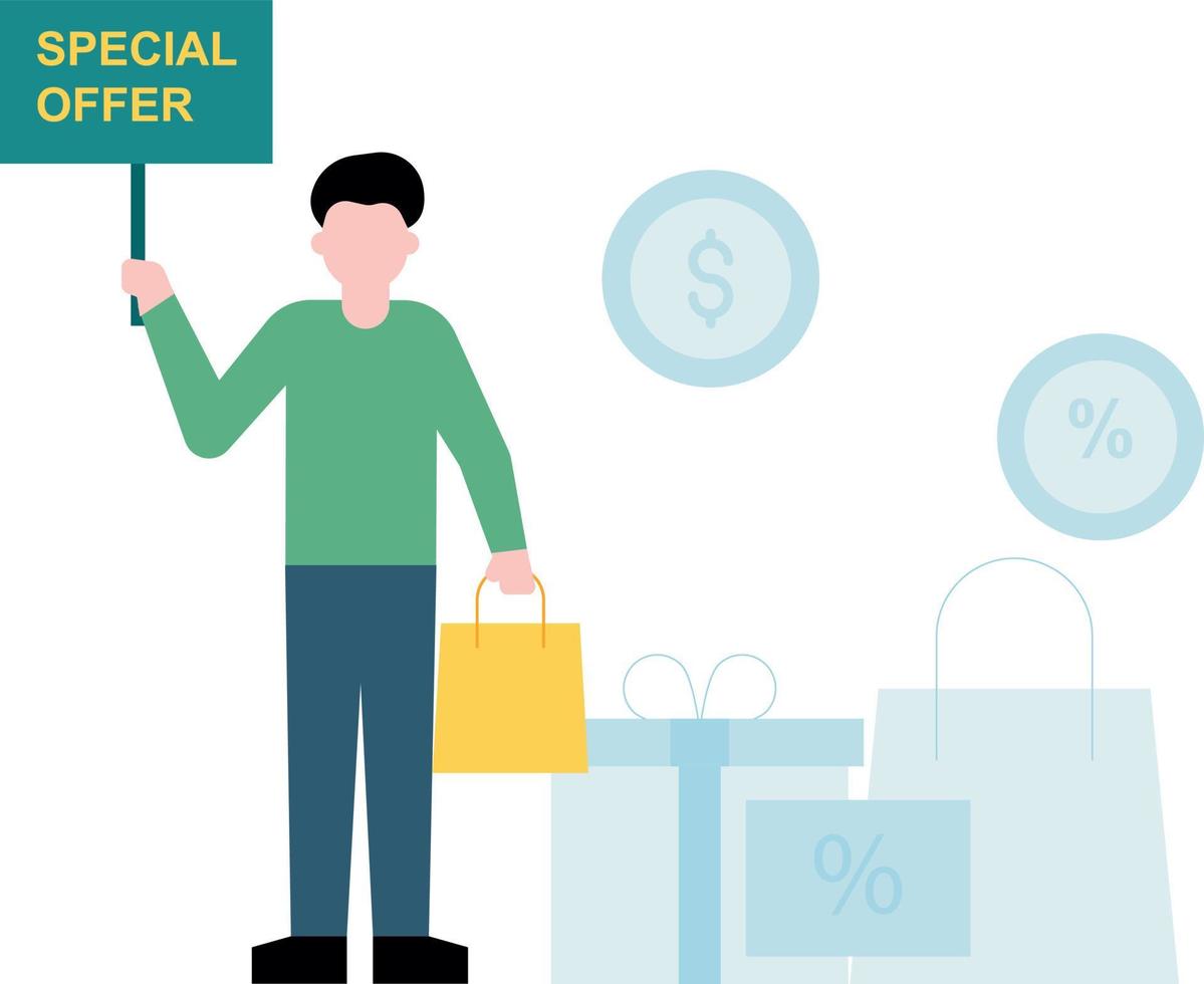 Boy holding a special offer board. vector
