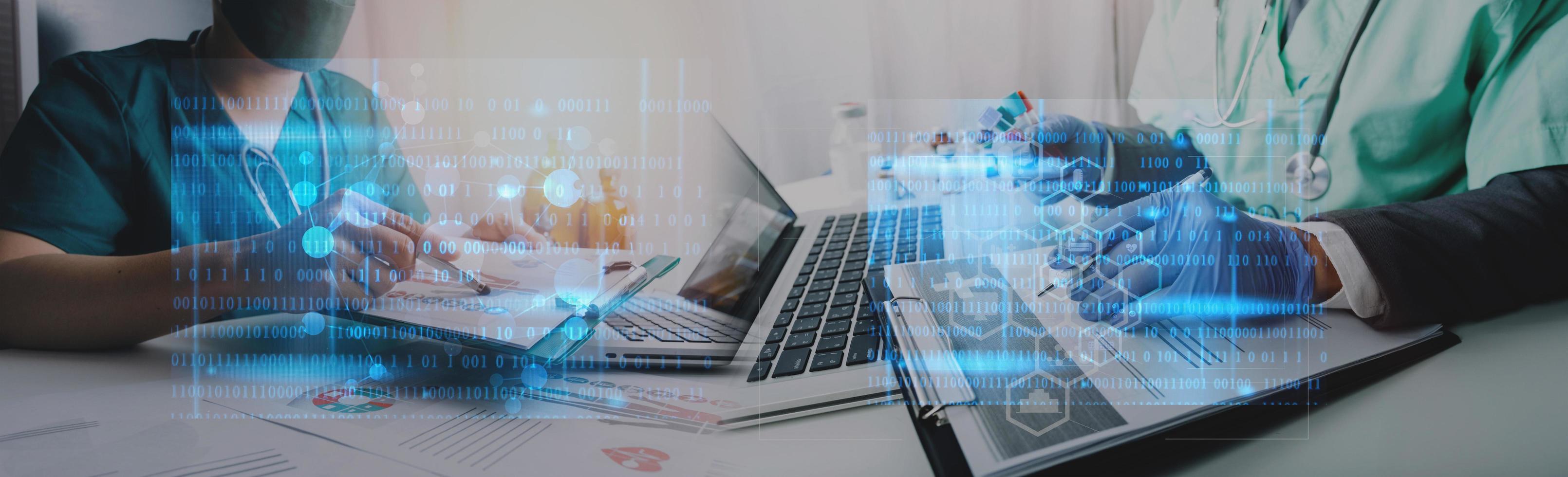 Double exposure of healthcare And Medicine concept. Doctor and modern virtual screen interface, blurred background. photo