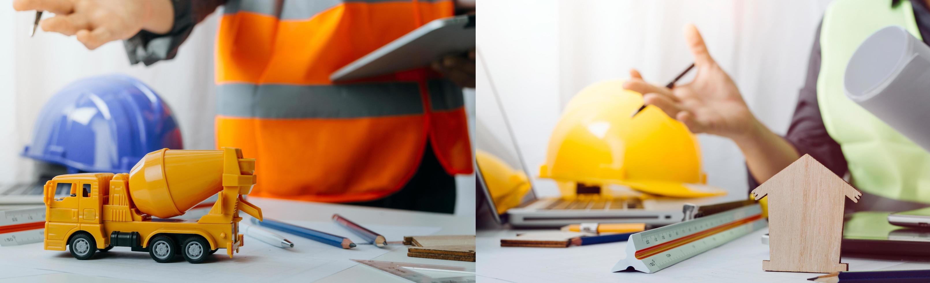 Two colleagues discussing data working and tablet, laptop with on on architectural project at construction site at desk in office photo