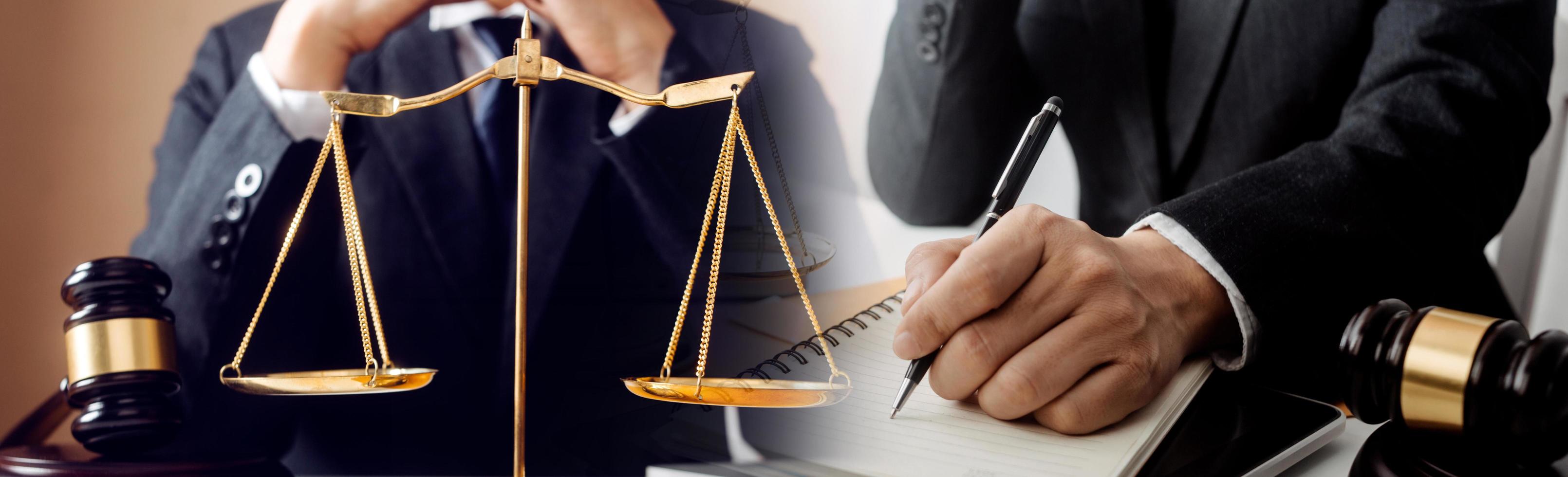 Business and lawyers discussing contract papers with brass scale on desk in office. Law, legal services, advice, justice and law concept picture with film grain effect photo