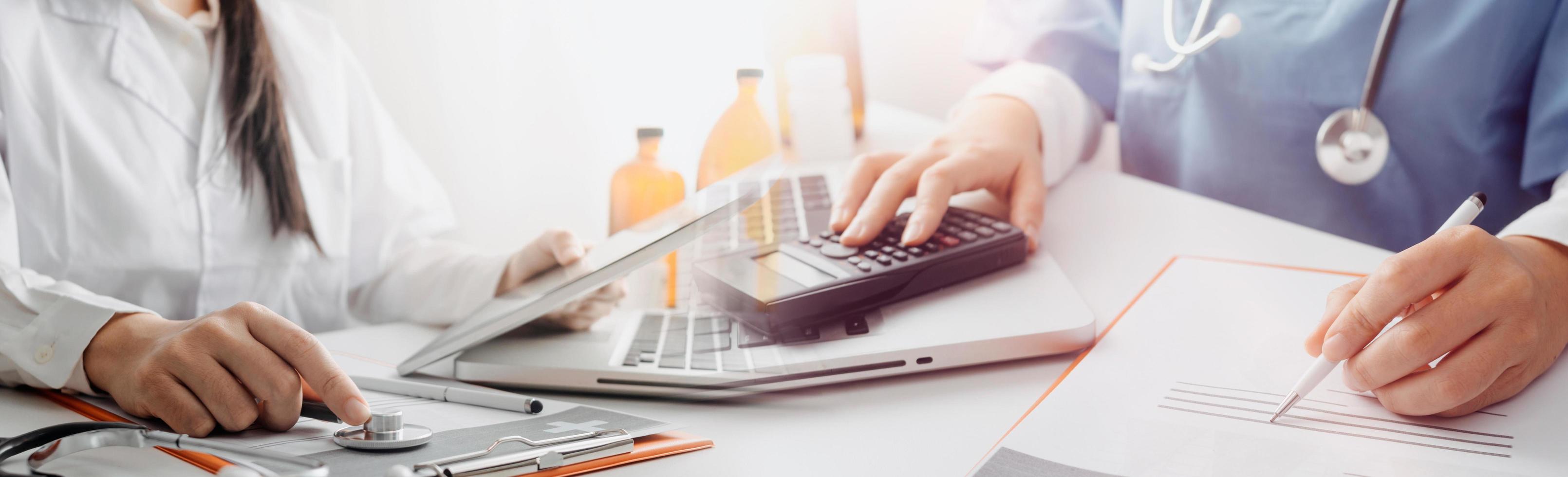 Double exposure of technology healthcare And Medicine concept. Doctors using digital tablet and modern virtual screen interface icons panoramic banner, blurred background. photo
