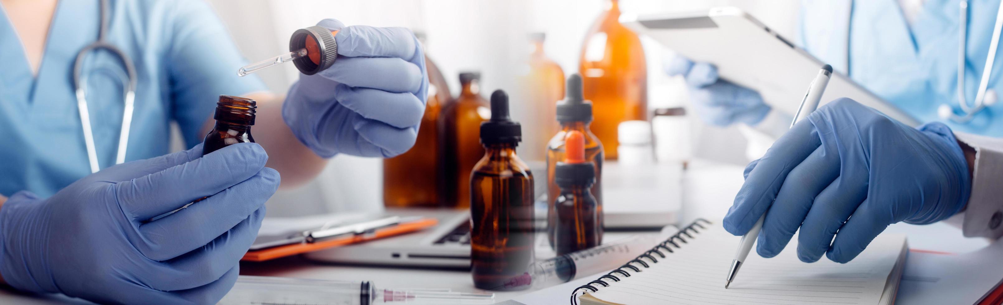 Double exposure of technology healthcare And Medicine concept. Doctors using digital tablet and modern virtual screen interface icons panoramic banner, blurred background. photo