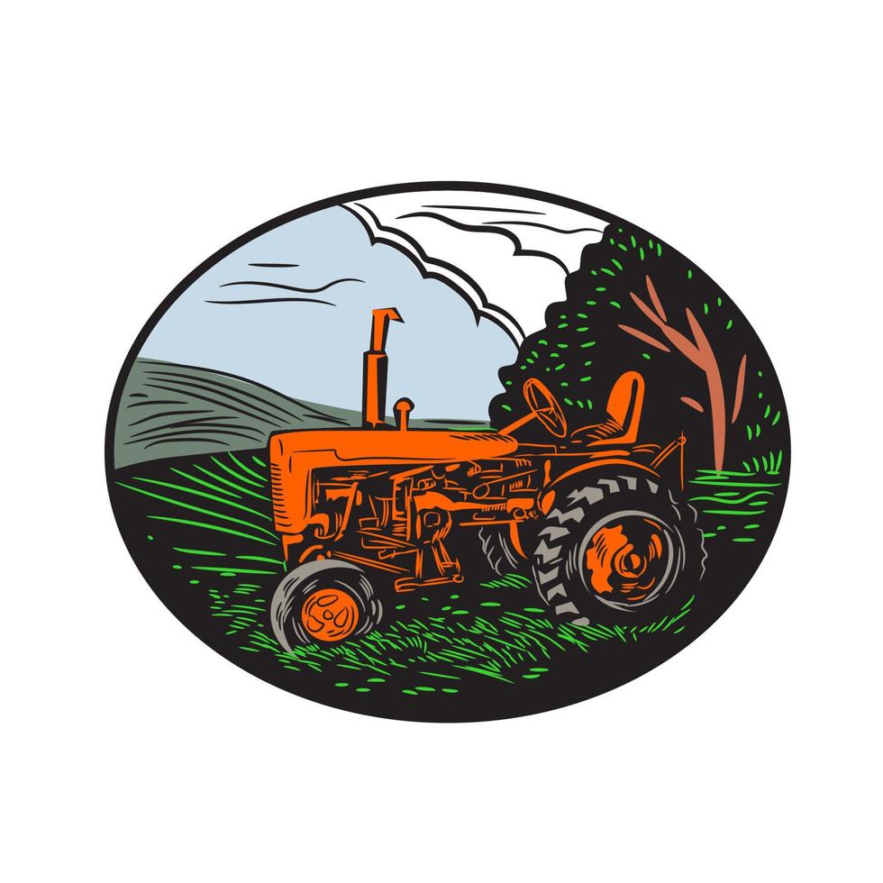 xilografía de la granja del tractor de la vendimia vector