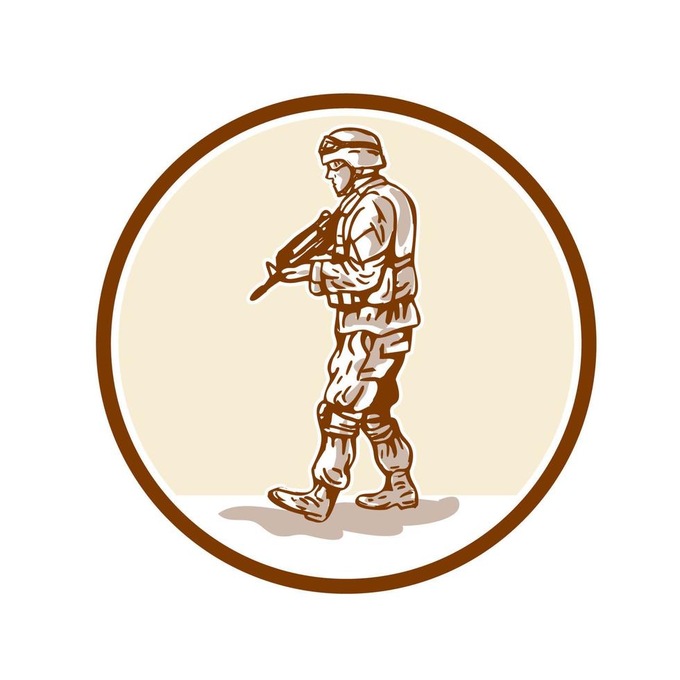 soldado americano, rifle, ambulante, círculo, caricatura vector