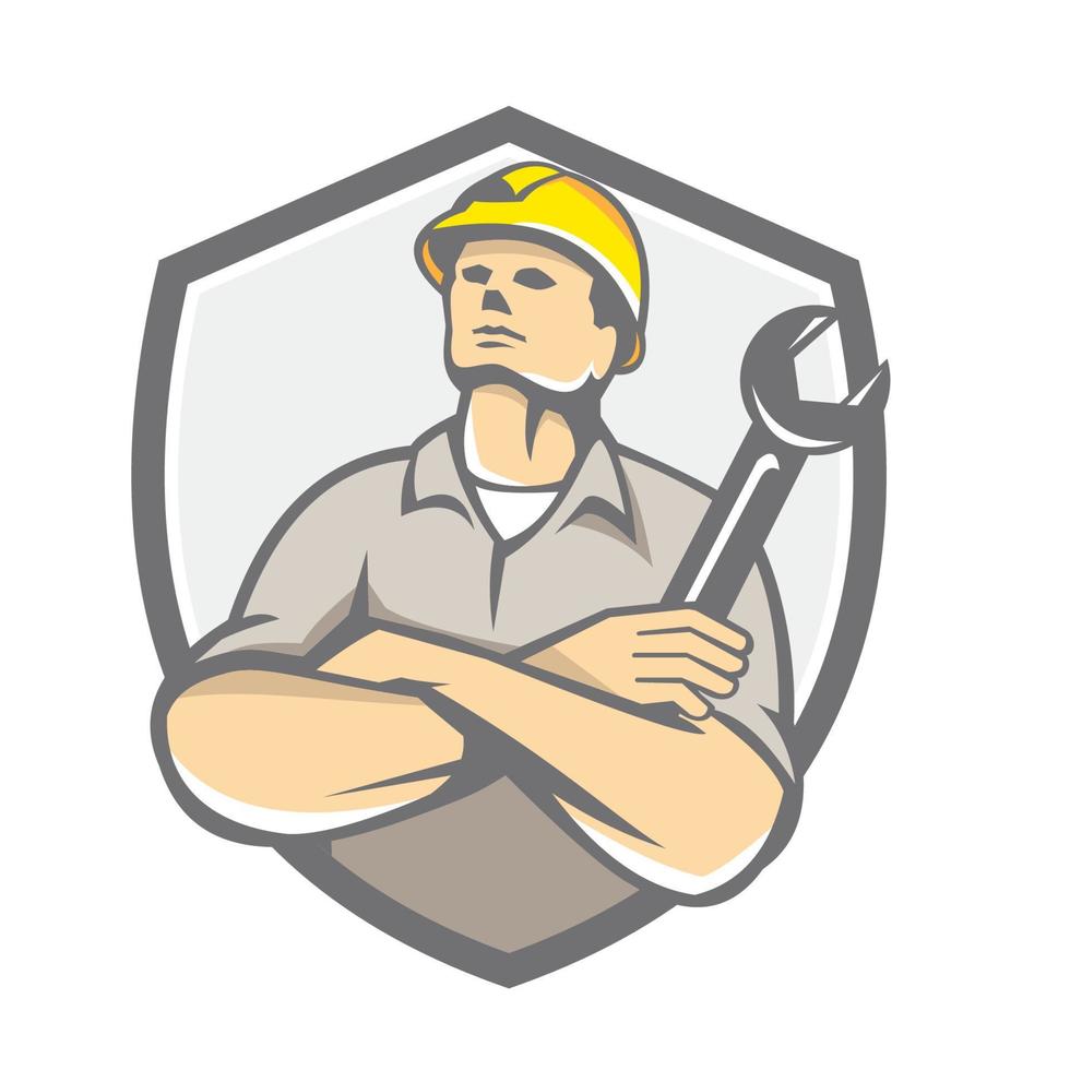 Builder Arms Crossed Wrench Shield Retro vector