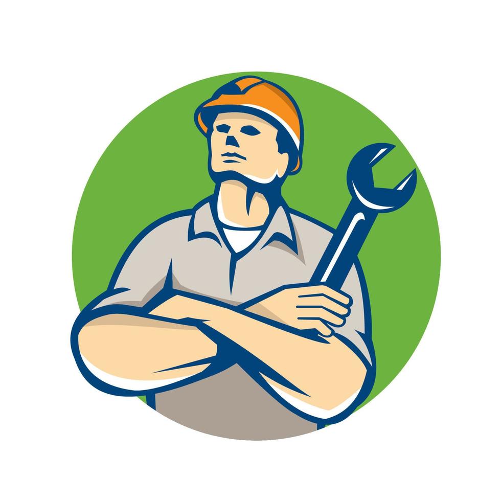 Builder Arms Crossed Wrench Circle Retro vector