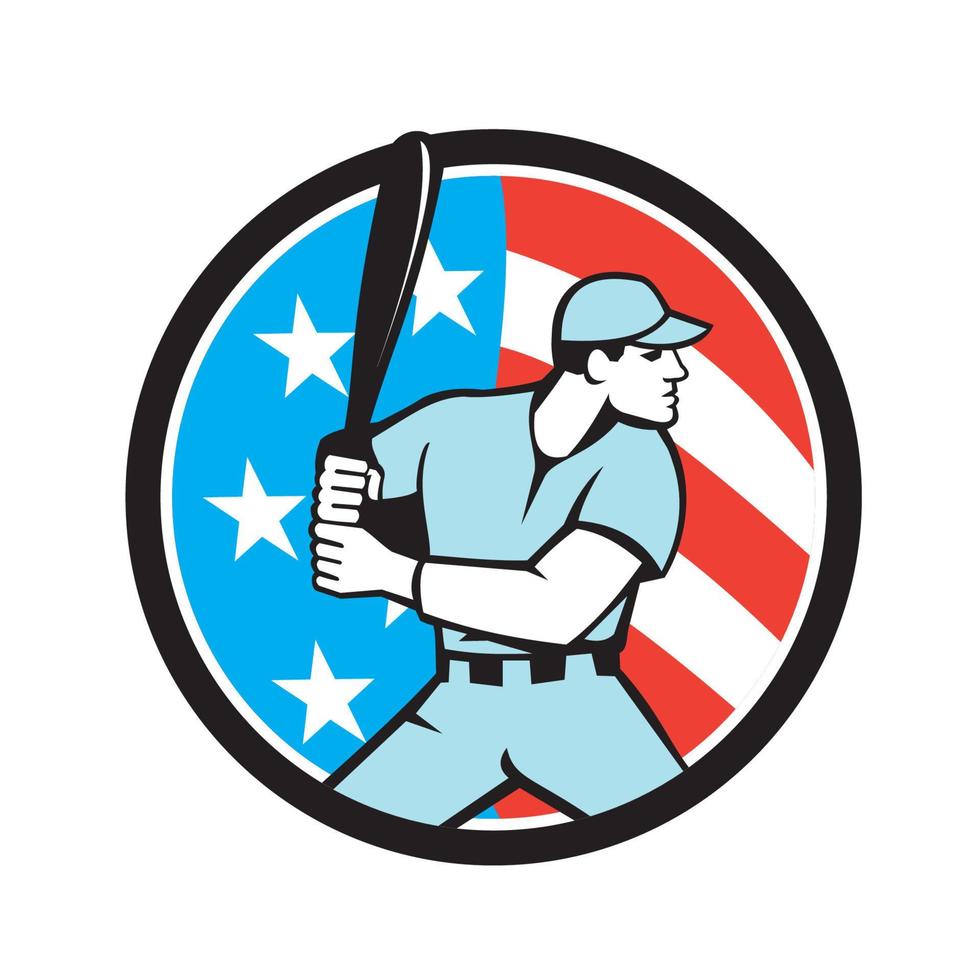 American Baseball Batter Hitter USA Flag Circle Retro vector