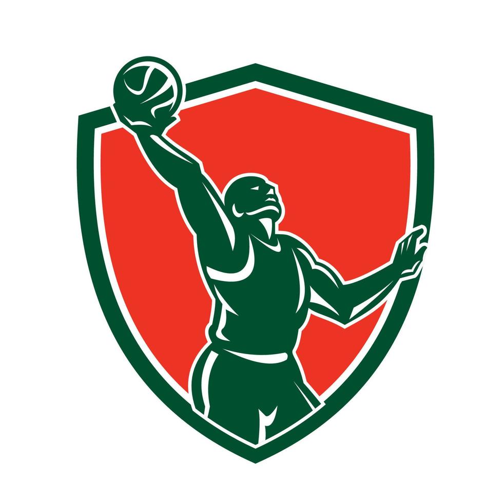 jugador de baloncesto rebotando lay-up ball shield vector