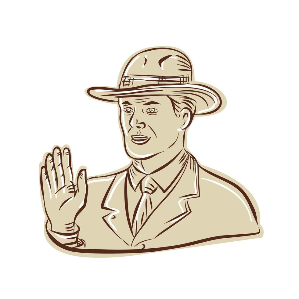 empresario sombrero fedora vintage grabado vector