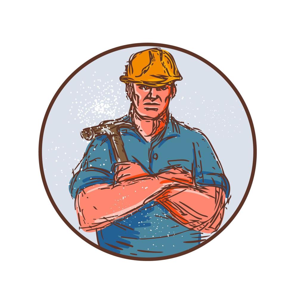Builder Arms Crossed Hammer Circle Drawing vector