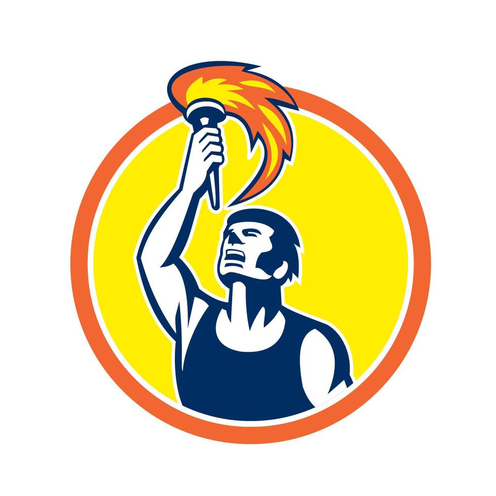 Athlete Player Raising Flaming Torch Circle Retro vector