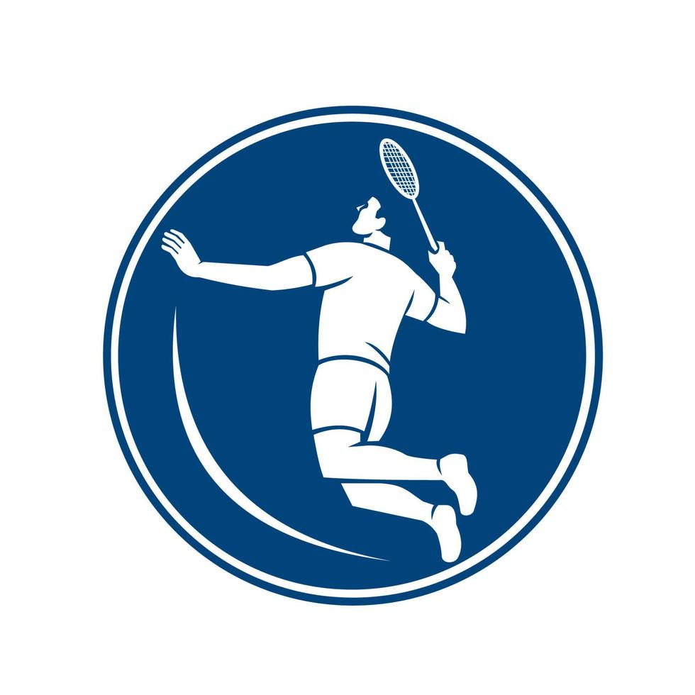 jugador de bádminton saltar aplastar círculo icono vector