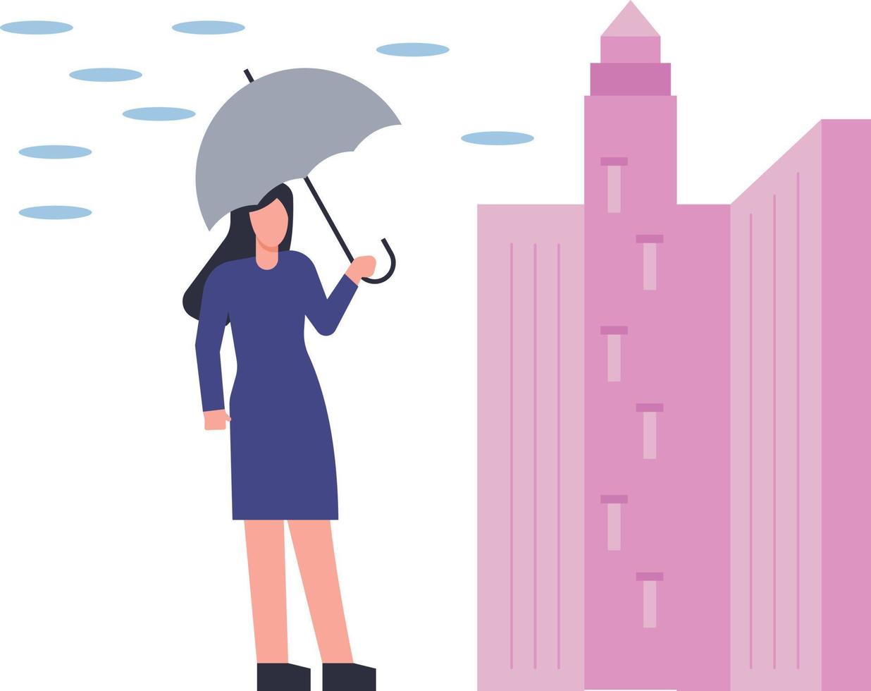 A girl is standing with an umbrella in the heavy rain. vector