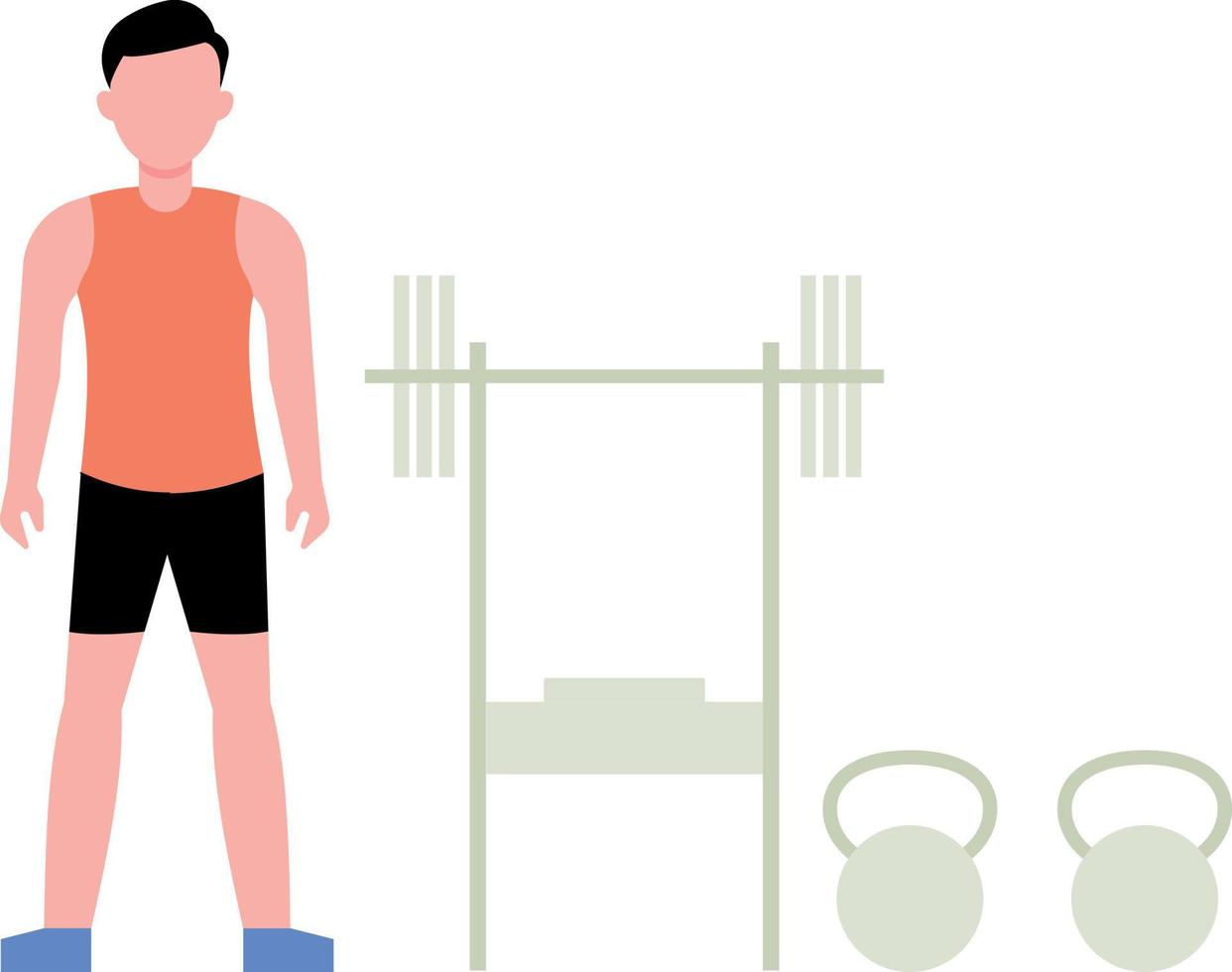 Boy standing near gym weightlifting bars. vector