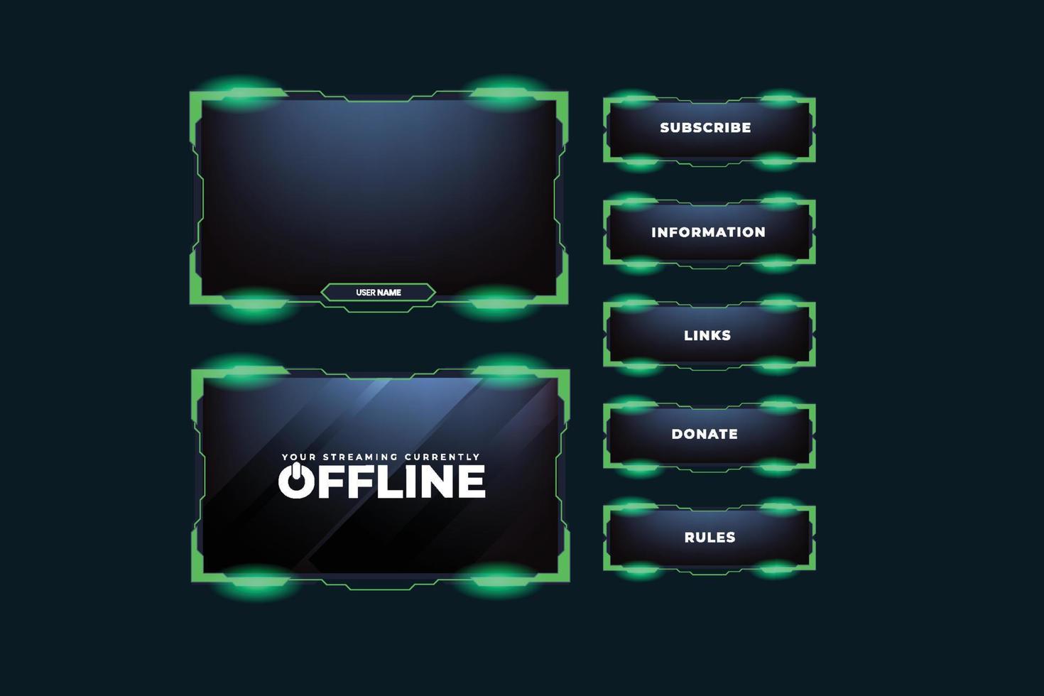 Green screen overlay vector on a dark background. Live gaming screen panel and frame design with light effect. Creative streaming overlay vector with screen border for online gamers.