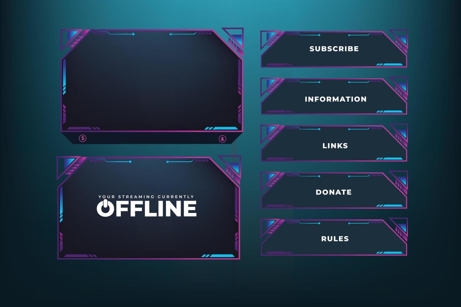 Digital online gaming overlay design with modern abstract shapes and dark screen panels. Futuristic streaming overlay vector for broadcast screen panel. Live gaming frame design with digital buttons.