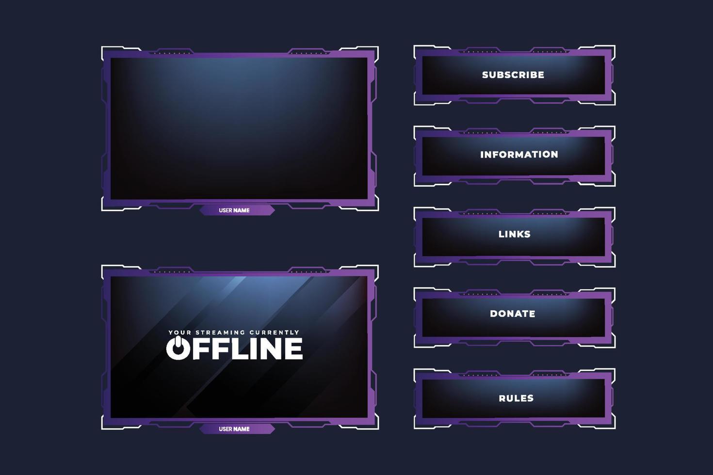 Live gaming overlay design with abstract shapes. Broadcast screen panel and offline frame background with purple and dark colors. Digital live streaming overlay vector. Futuristic gaming panel design. vector