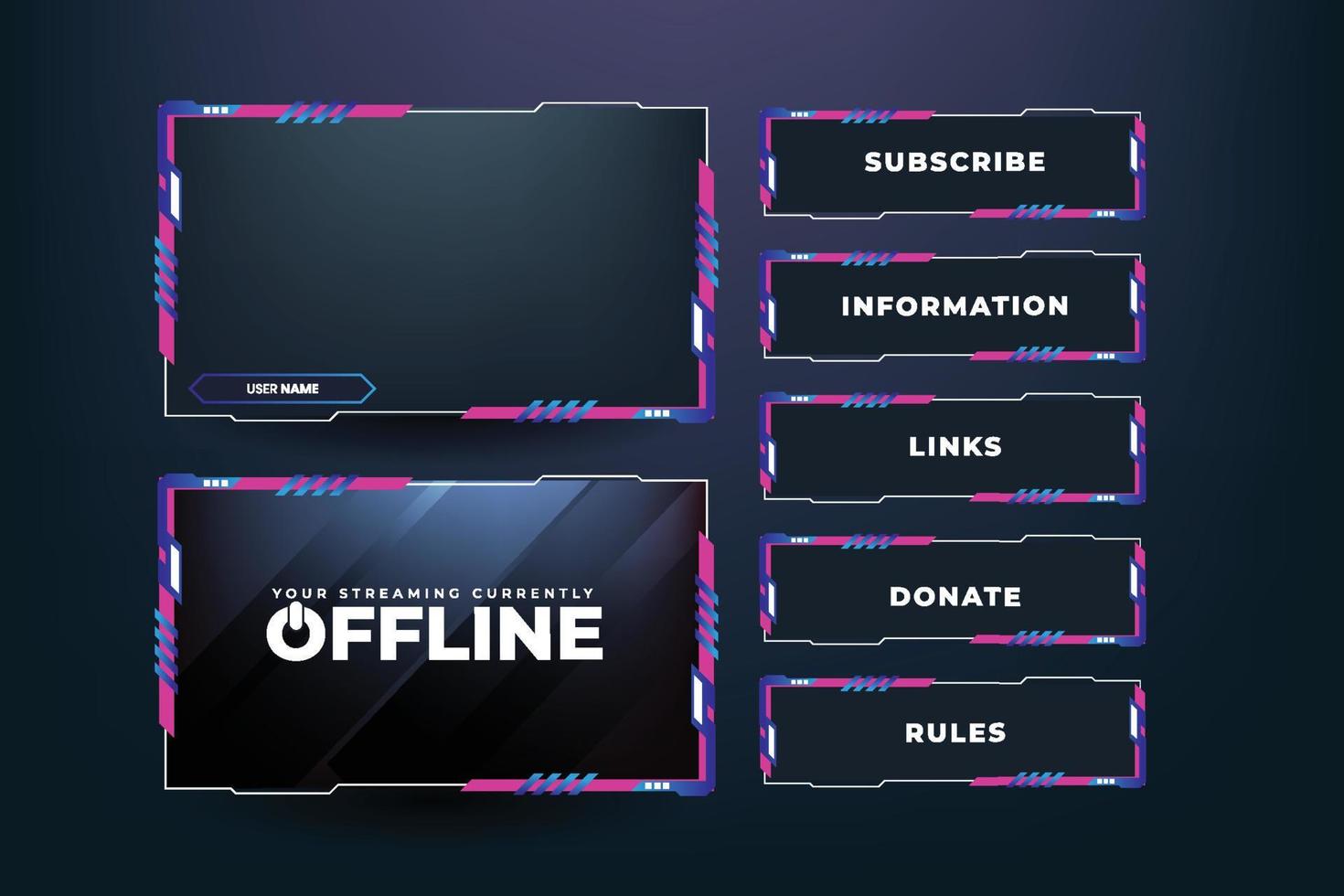 Simple futuristic gaming screen panel vector with abstract shapes. Online game streaming overlay and user interface design with pink and blue colors. Metallic gaming overlay panel vector.