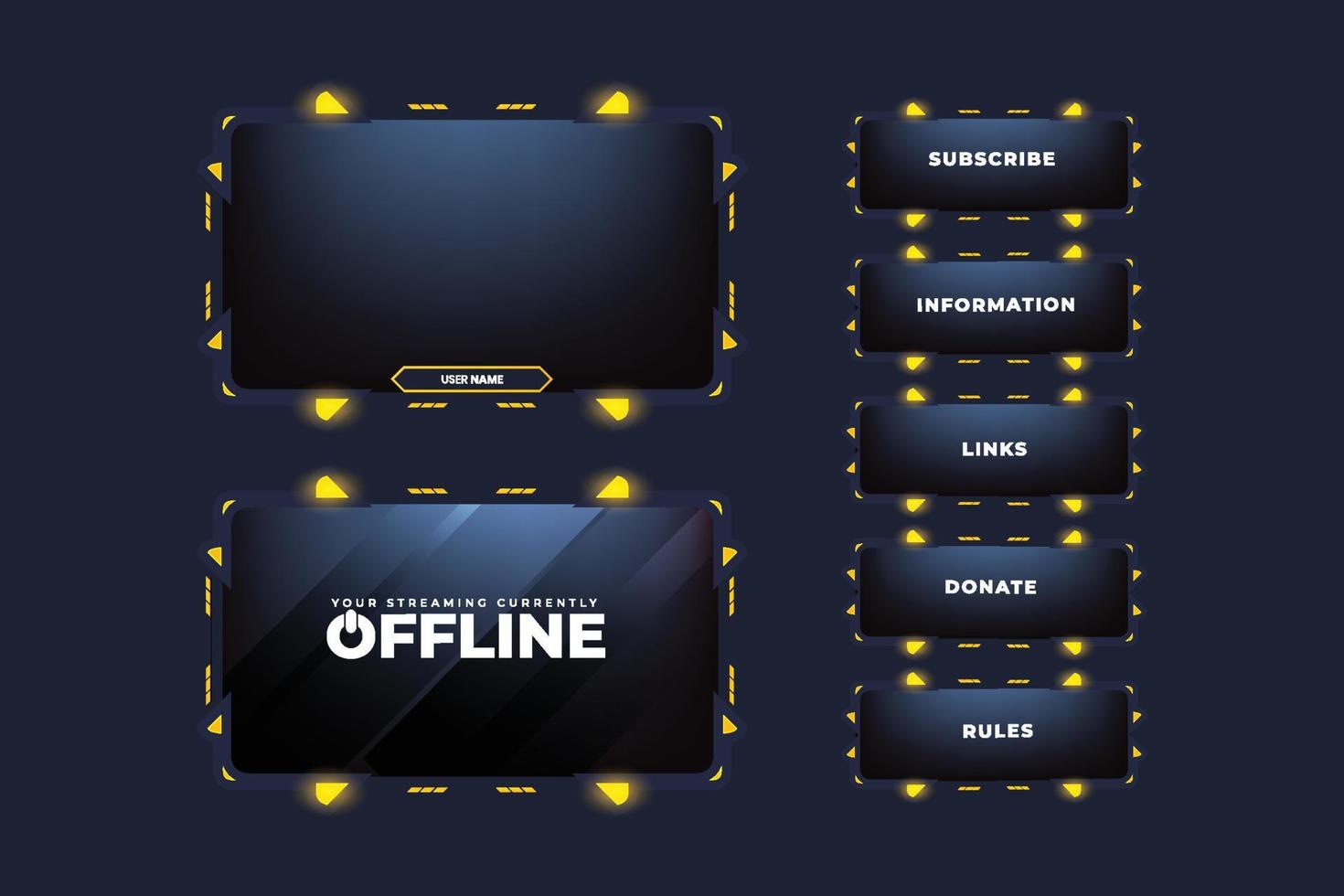 Live streaming overlay design for gamers with dark screen panels. Futuristic stream overlay design with digital buttons. Gaming screen overlay vector with abstract shapes and yellow color.