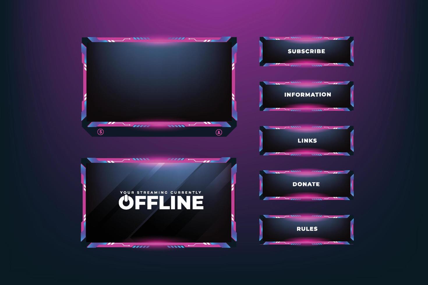 Girly screen overlay vector with pink and dark colors. Gaming screen panel design with abstract shapes for the broadcast system. Digital streaming overlay panel with girly color light effects.