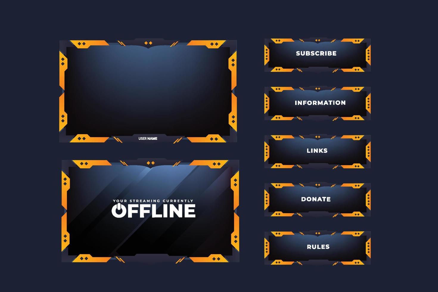 Creative live streaming overlay and screen panel design with yellow and dark colors. Gaming overlay and offline buttons for the broadcast screen. Futuristic live gaming frame overlay vector. vector