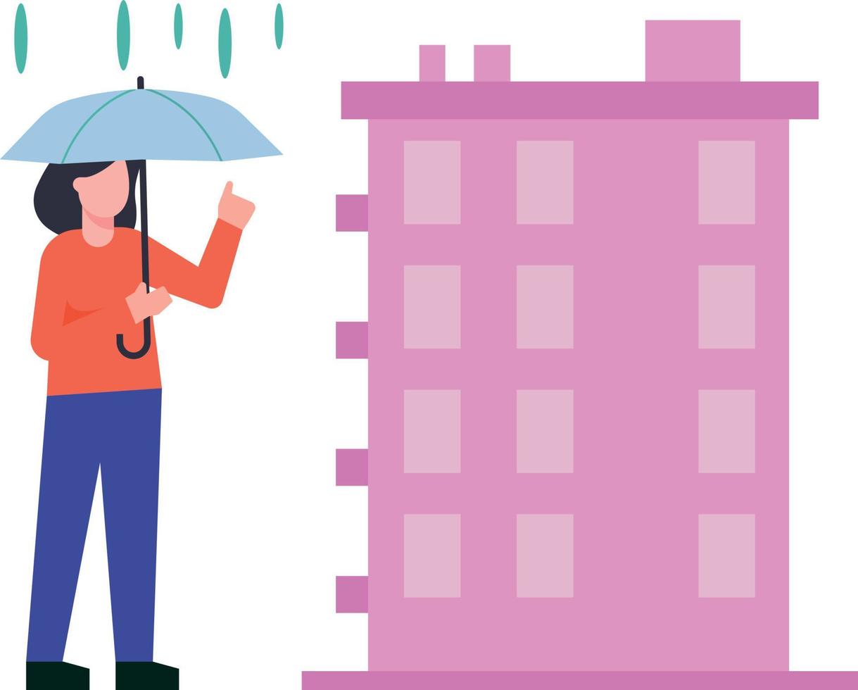 The girl is standing in the rain with an umbrella. vector