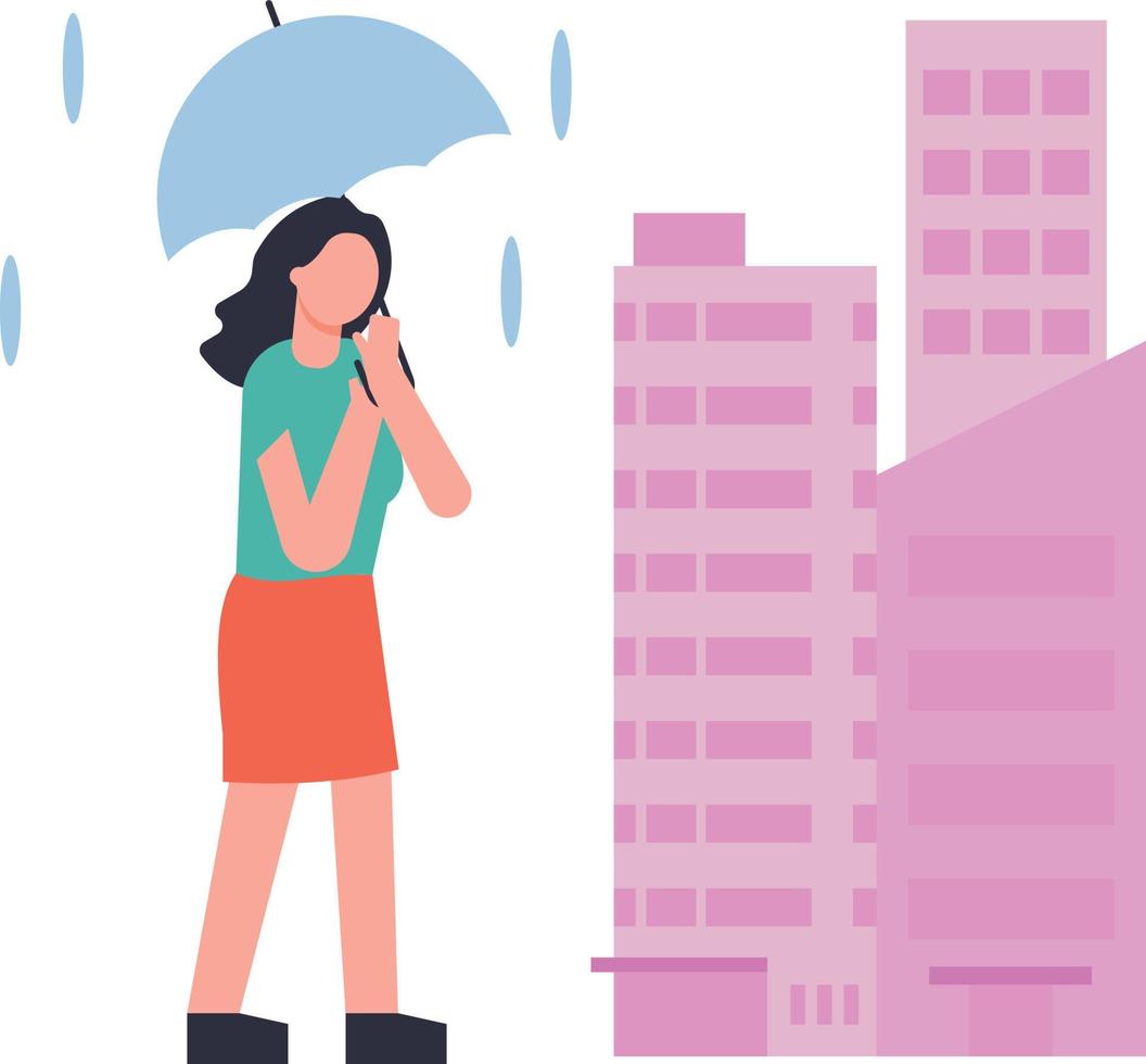 A girl standing with an umbrella in the rain. vector