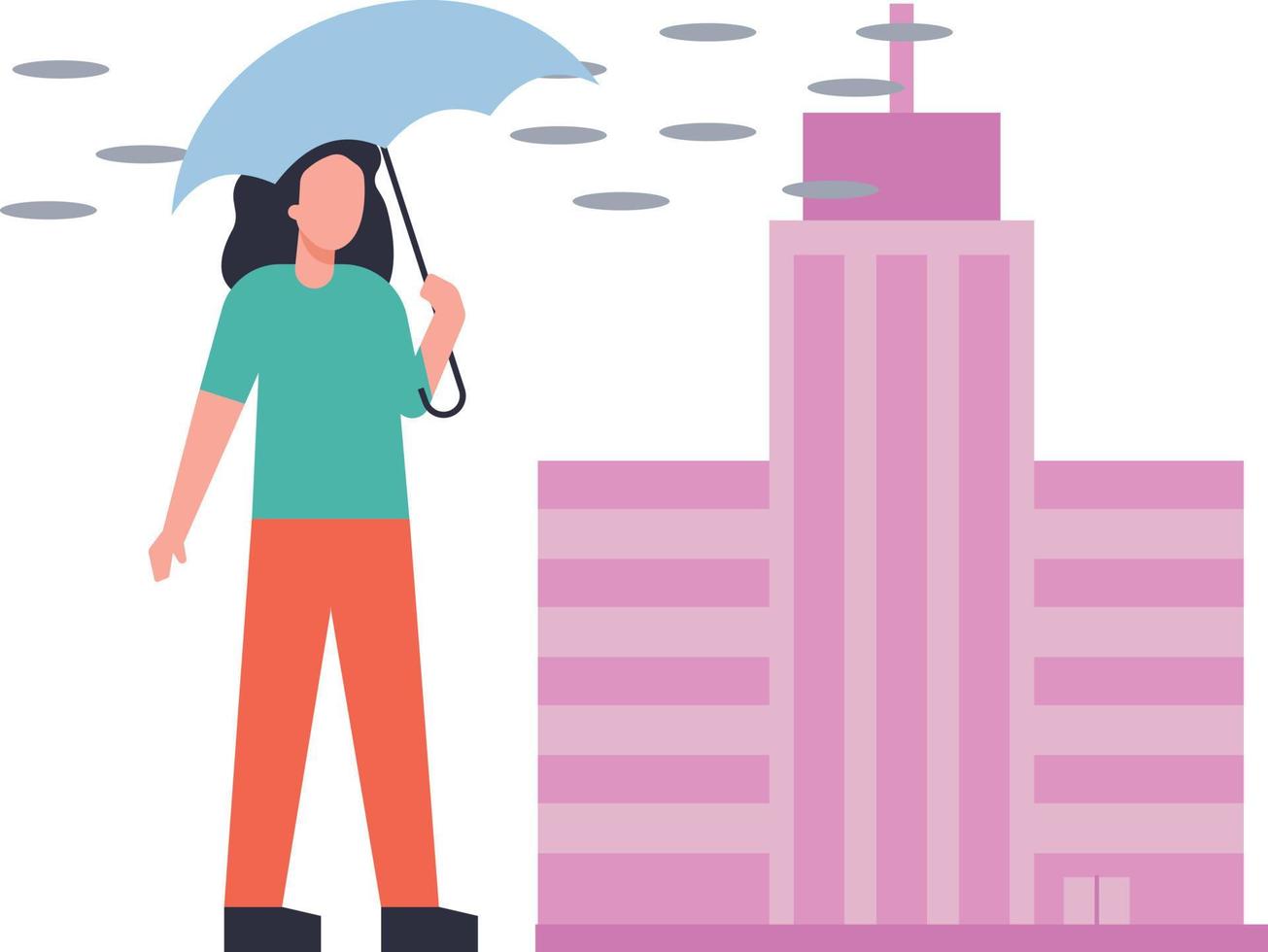 The girl is standing in the rain with an umbrella. vector