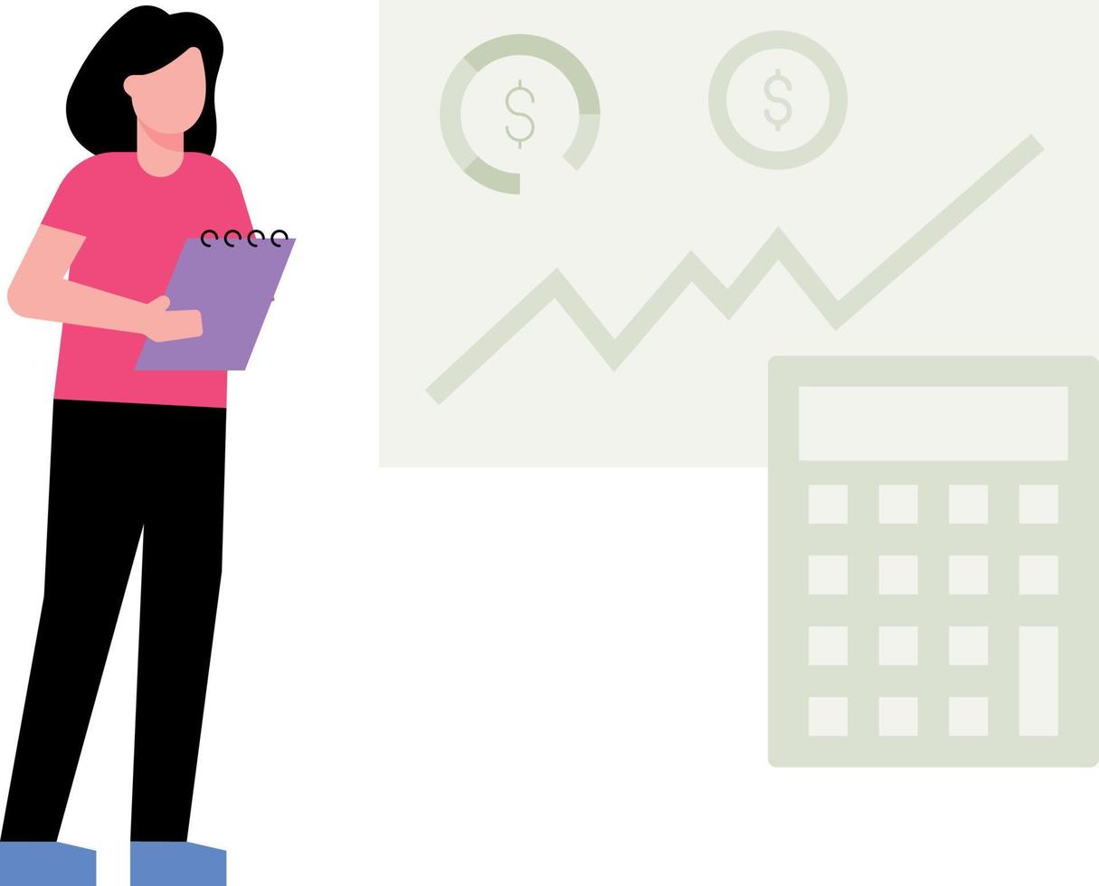 The girl is looking at the dollar graph. vector