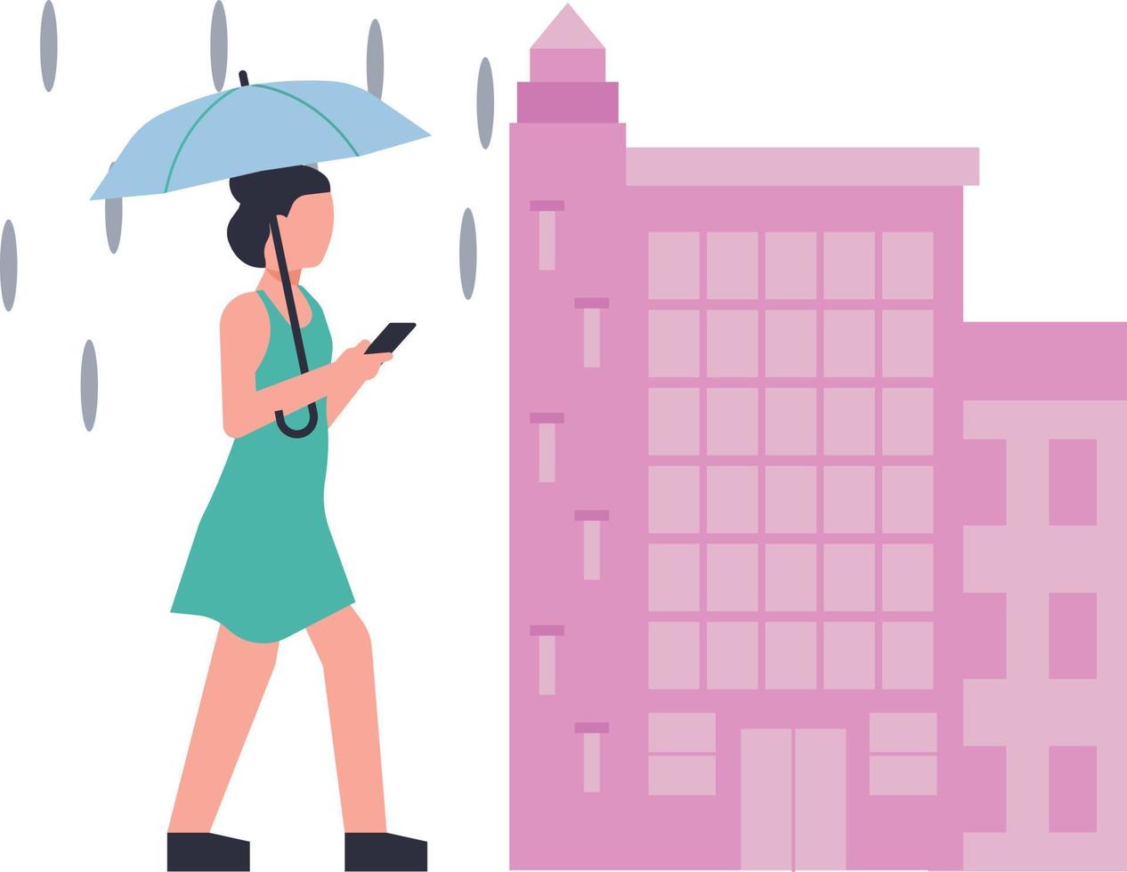 A girl using a mobile phone under an umbrella in the rain. vector