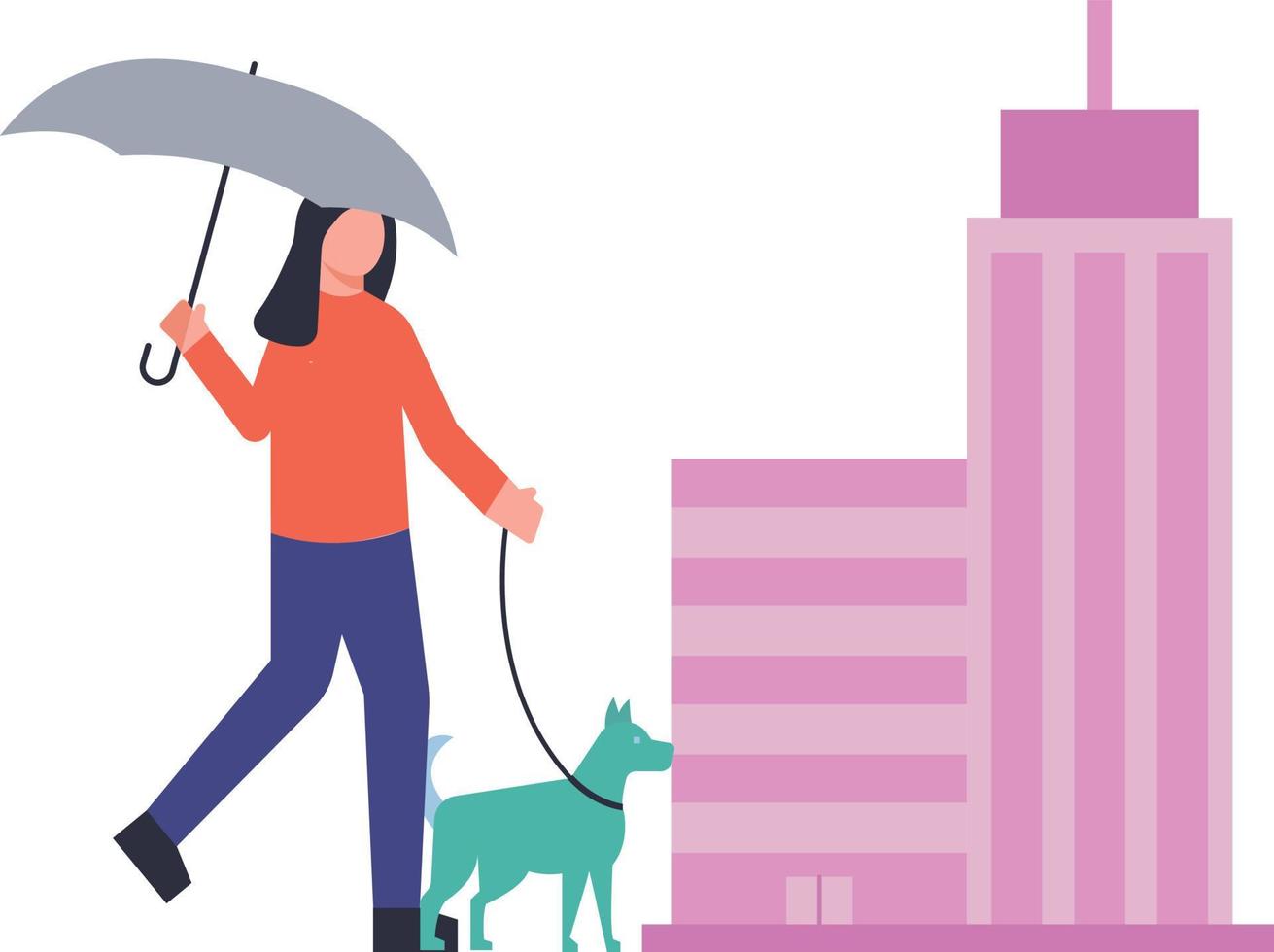 la niña sacó a pasear a su mascota con un paraguas. vector